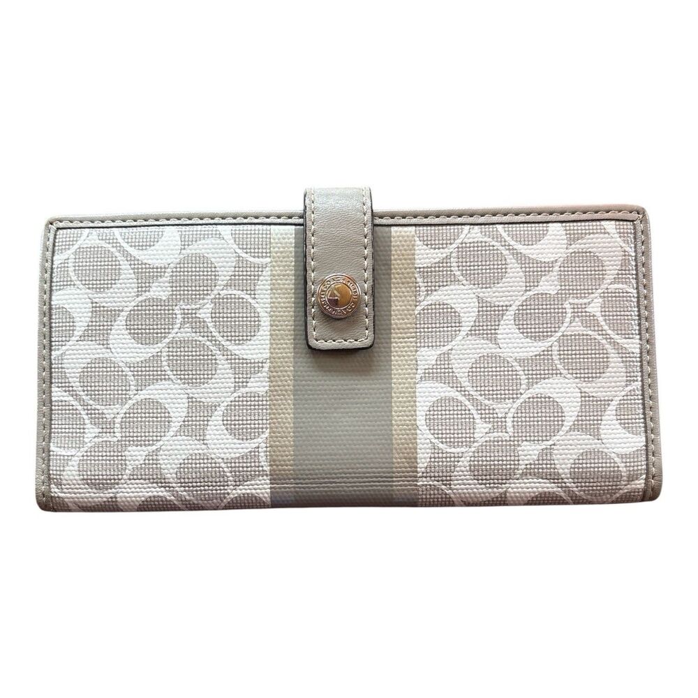 Coach Signature Canvas Long Wallet with Leather Trim Card Holder ID Window
